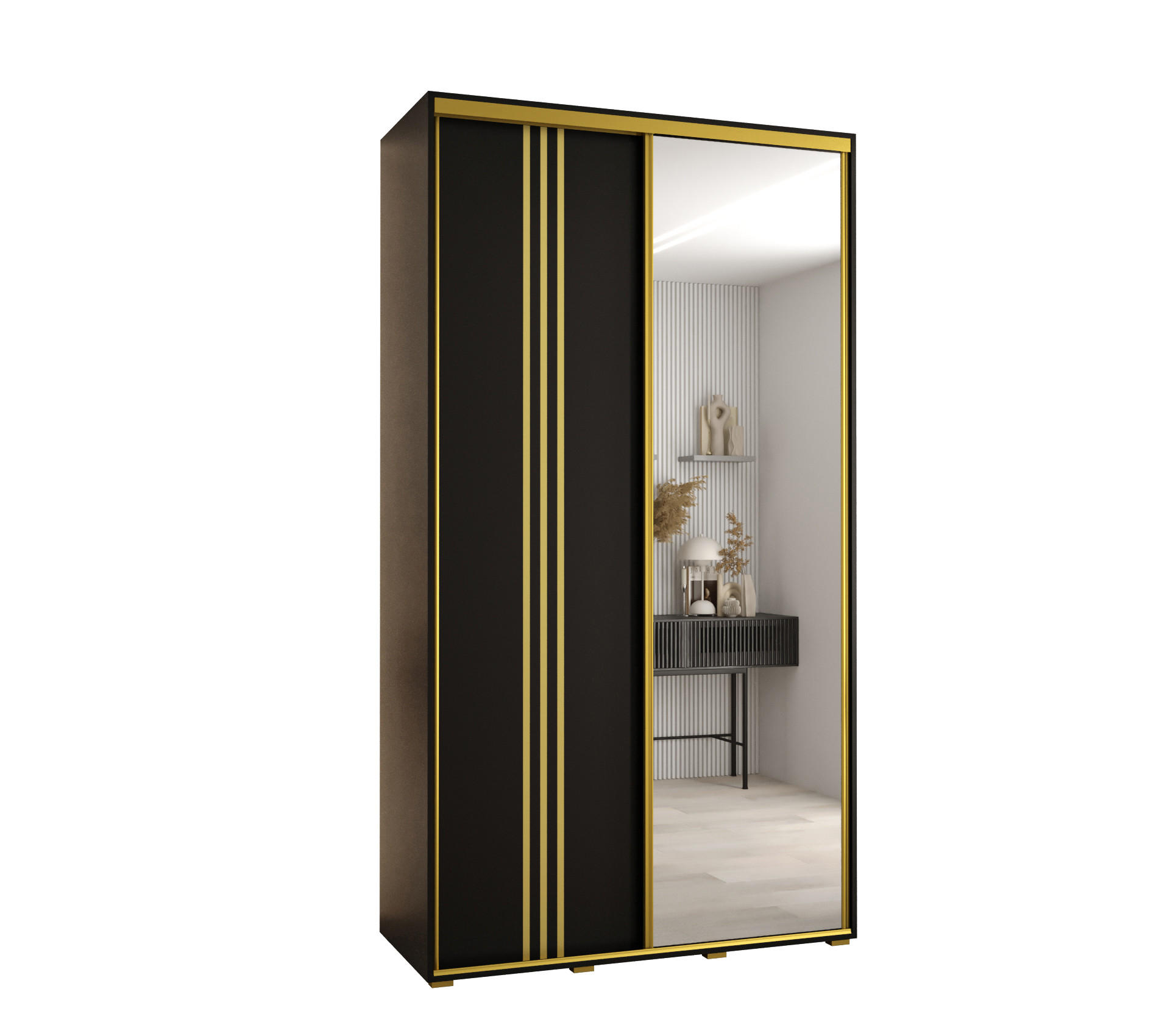 Abiks Möbel Schwebetürenschrank Schwarz, Schwarz, Gold 140x235x60 cm