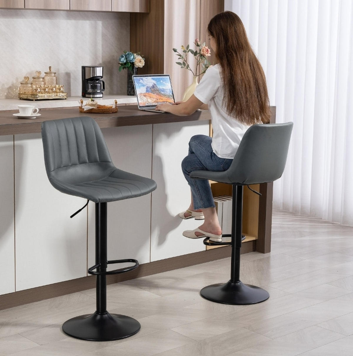 BARHOCKER 2er-Set höhenverstellbar 43 x 49,5 x 91-111 cm Kunstleder Dark Gray - Dunkelgrau, Metall (49.5/111/43cm) - Meubliv