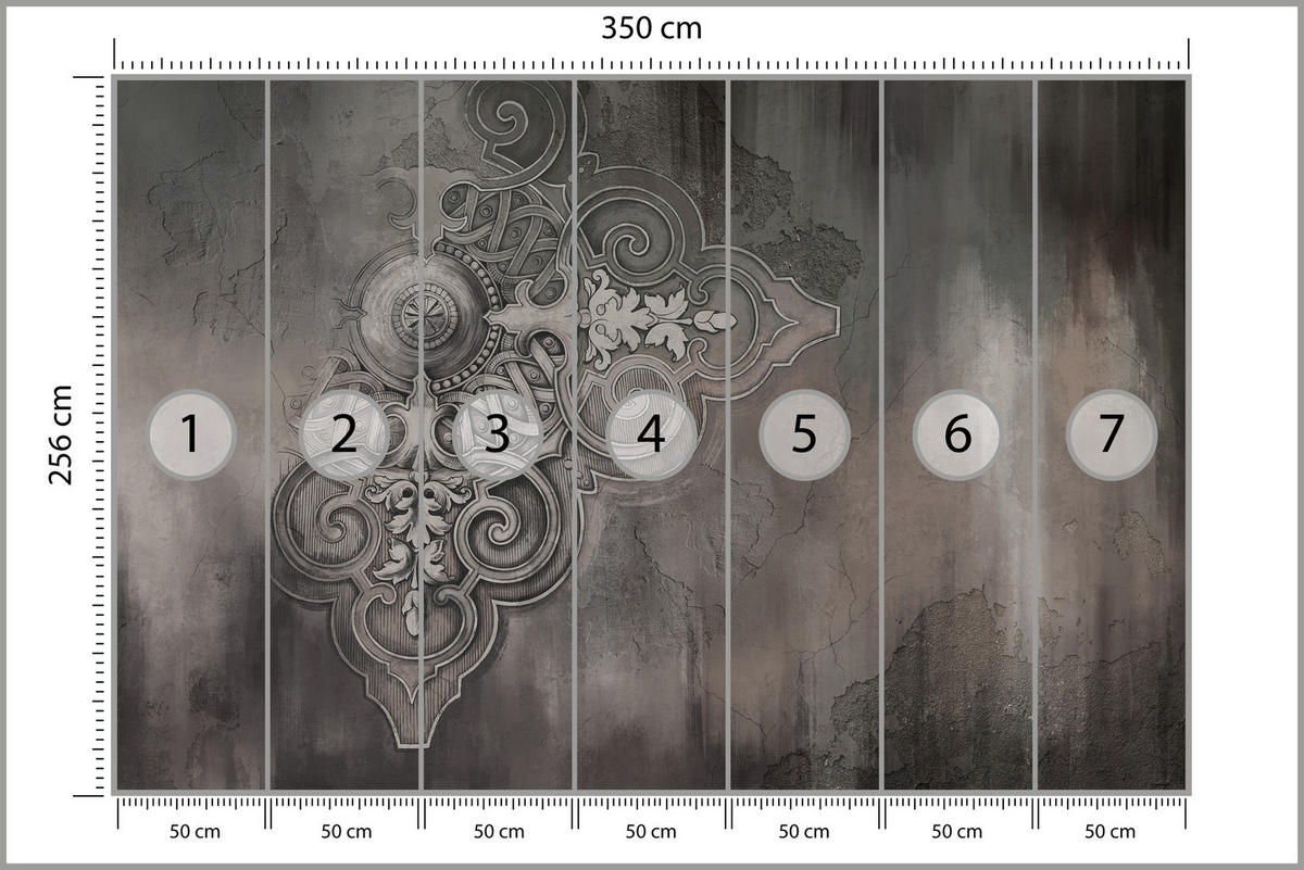 FOTOTAPETE für Wohnzimmer Retro Ornament Betonwand 350x256 - Schwarz/Braun, Papier (350/256cm) - Muralo