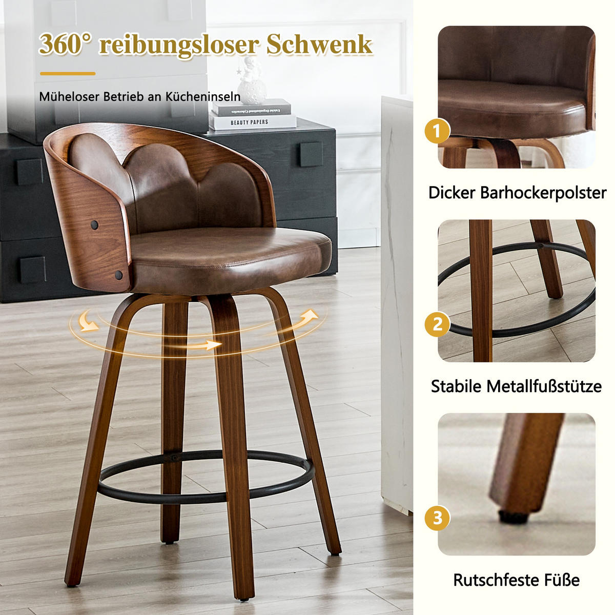 BARHOCKER 2er-Set Braun mit Blüten-Rückenlehne aus Bugholz und PU-Leder - Braun, Holz (46.5/89/41.5cm) - PANGIVO