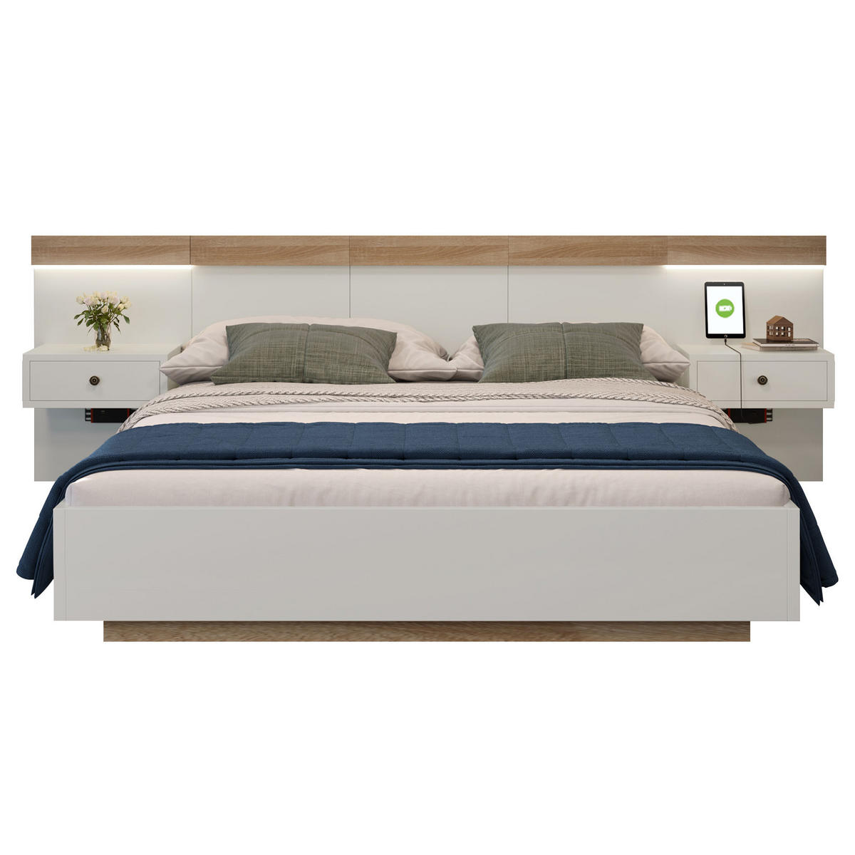 DOPPELBETT 160/200 cm mit 2 LED Nachtkommoden und USB-C Steckdose in Sonoma Eiche/Weiß - Weiß, Holzwerkstoff (160/200cm) - OKWISH