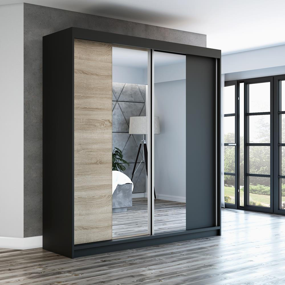 SCHWEBETÜRENSCHRANK 160 CM NEO Farbe: Schwarz / sonoma / schwarz - Schwarz/Braun, Holzwerkstoff (160/215/59.5cm) - A&J MöbelLand