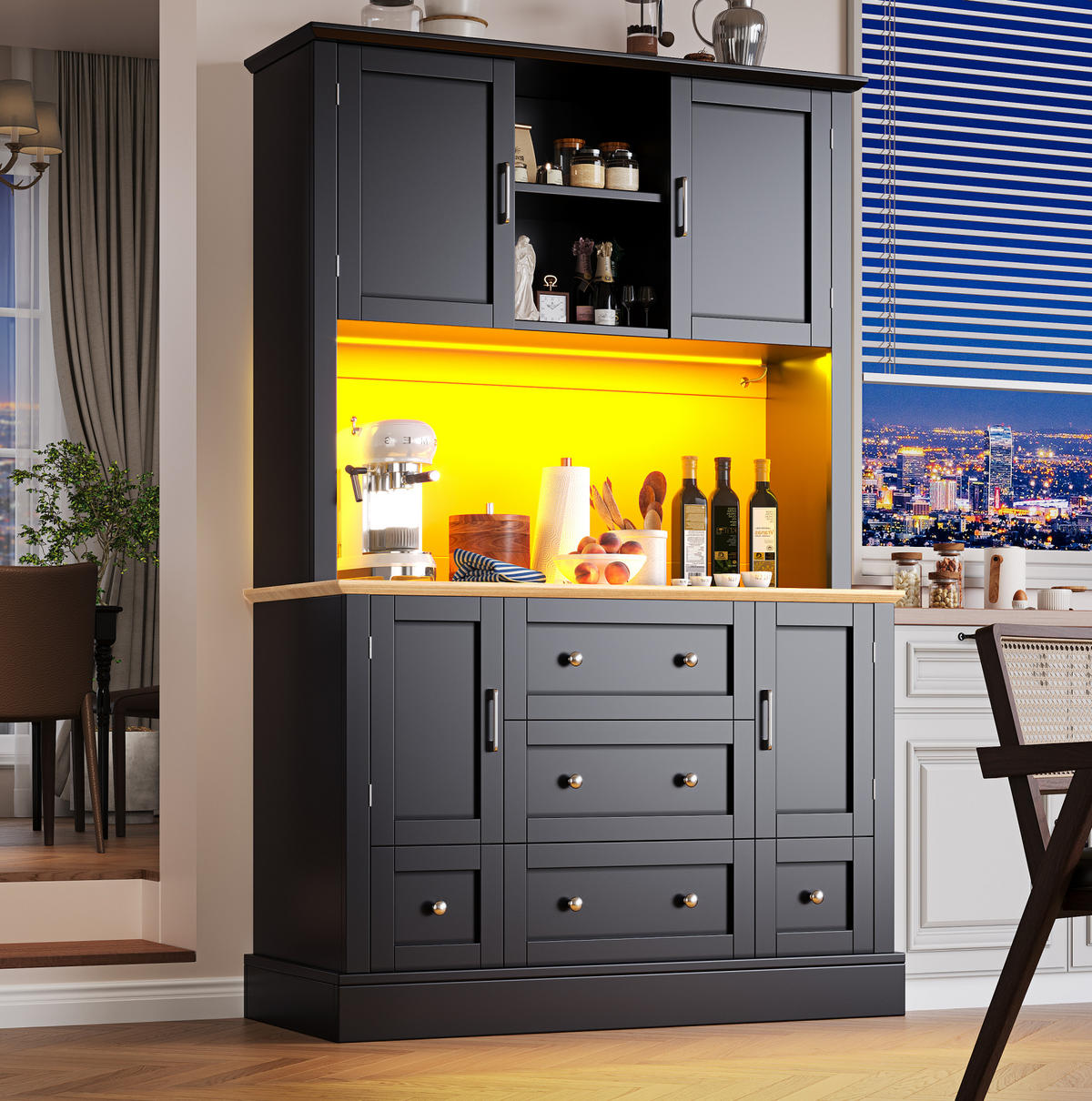 ANRICHTE Hochschrank 115/40/180 cm aus MDF mit LED-Beleuchtung und App-Steuerung Schwarz/Natur - Schwarz, Holzwerkstoff (115/180/40cm) - Modenvie