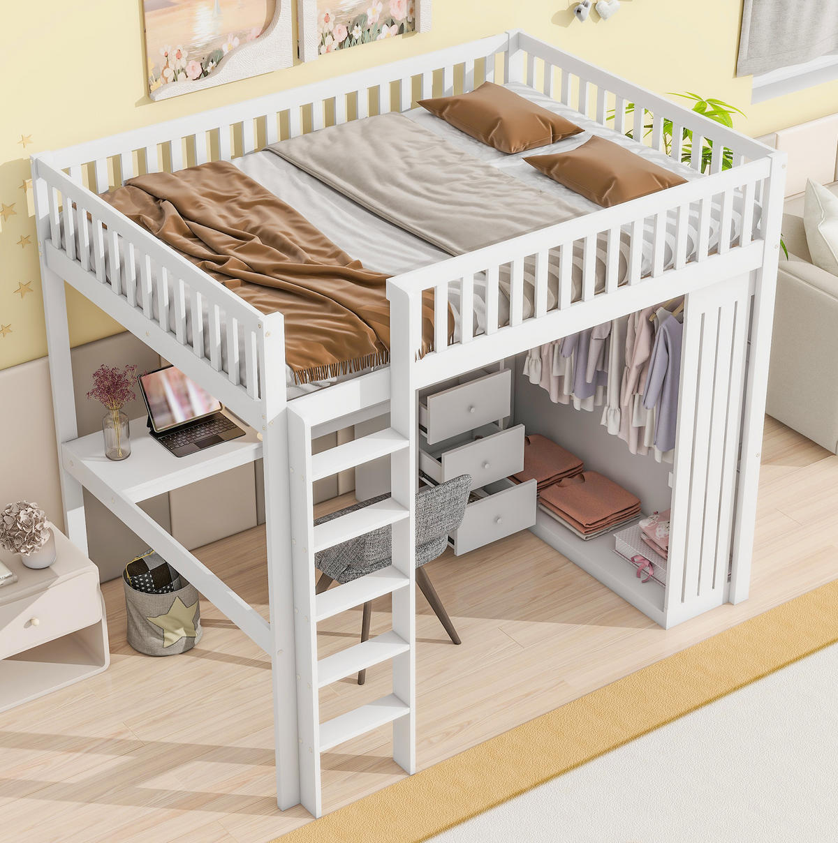 HOCHBETT 140/200 cm in Weiß mit Schreibtisch, Kleiderschrank und 3 Schubladen - Weiß, Holz (140/200cm) - Flora Grace