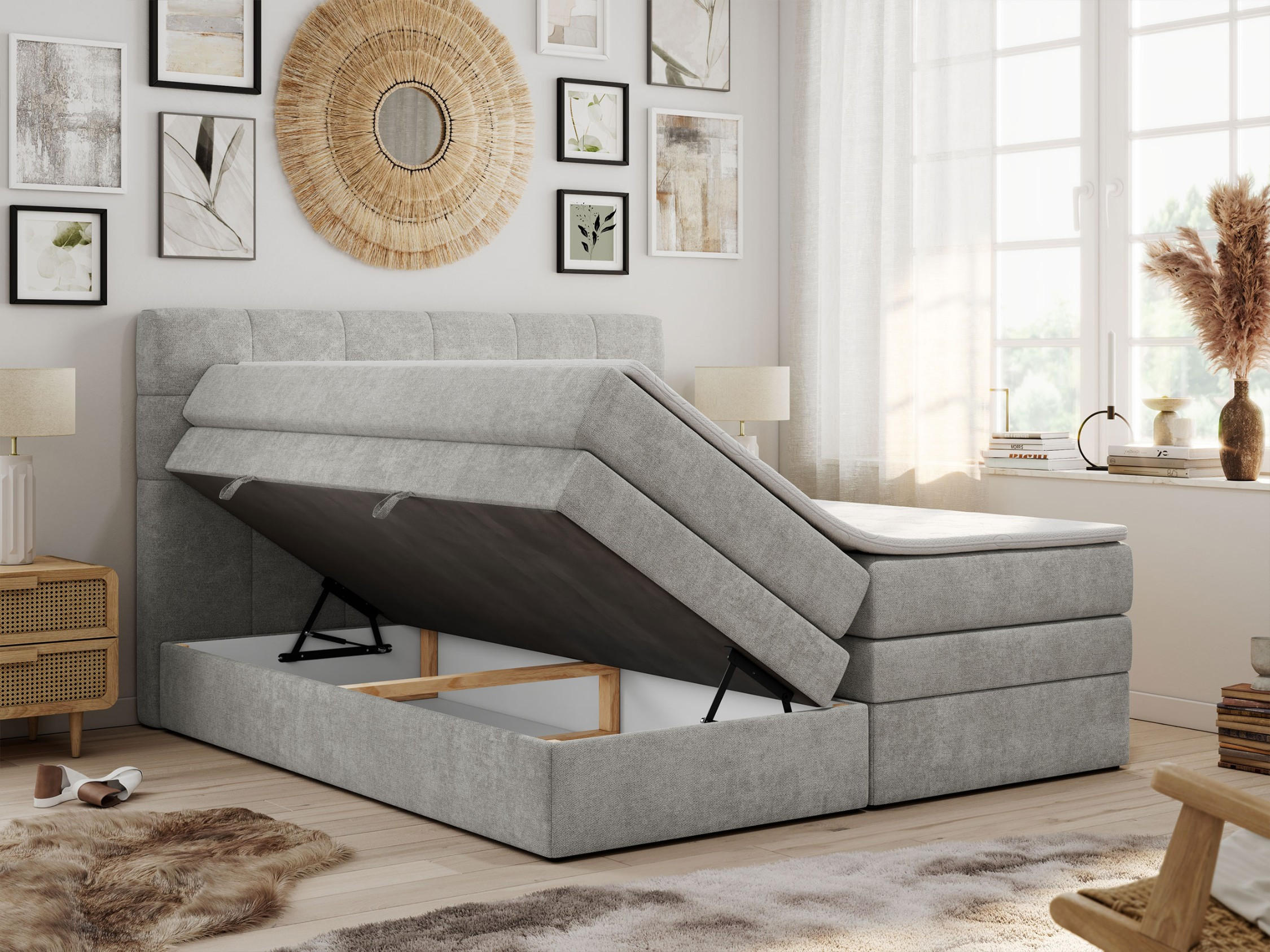 Thumbnail - MKS Boxspringbett, Hellgrau, Textil, 2-Sitzer, H4, Rechteckig, 160x200 cm, Schlafzimmer, Betten, Boxspringbetten