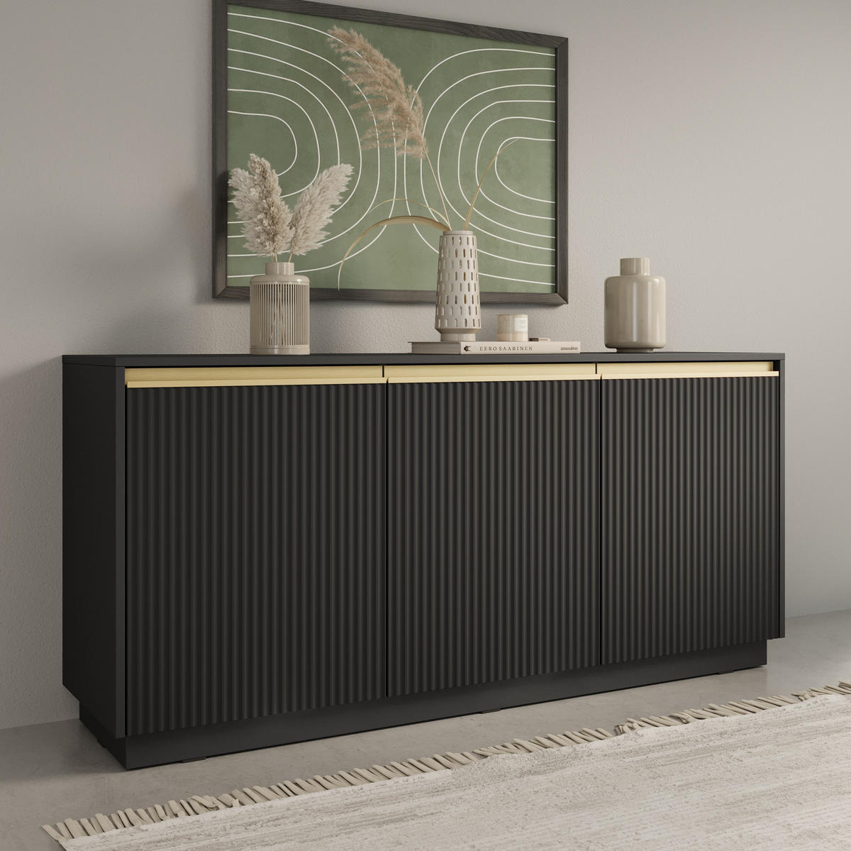 KOMMODE Loren 154 cm, dreitürig, mit geriffelten Fronten, schwarz - Goldfarben/Schwarz, Holzwerkstoff/Metall (154/72/39cm) - Ravio