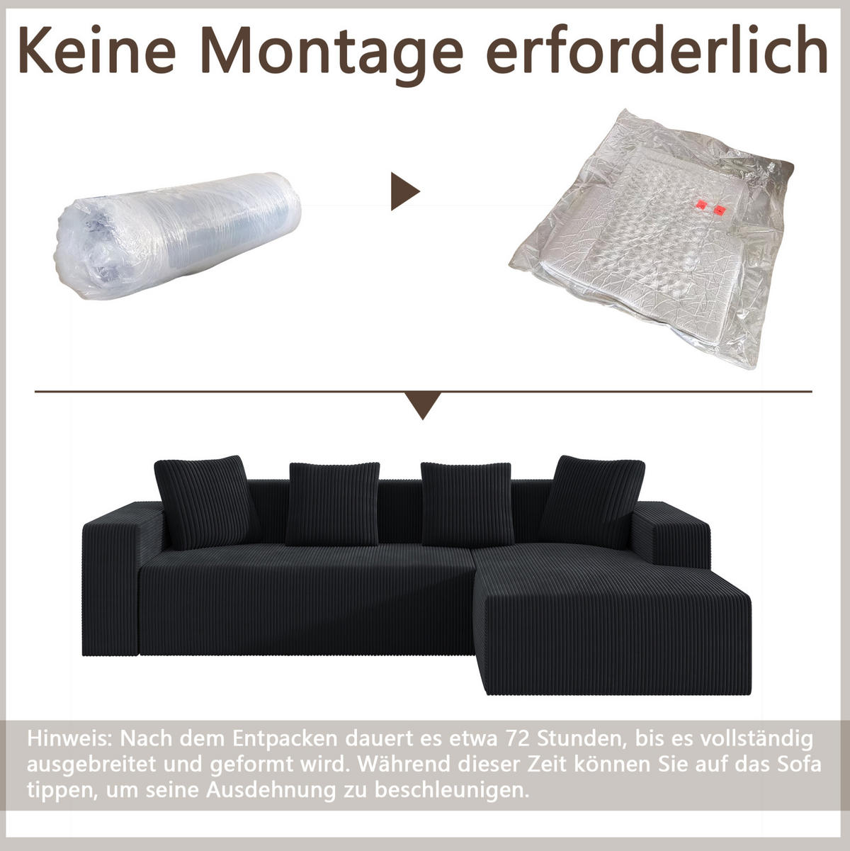 ECKSOFA 261/146/65 cm schwarz aus Cord mit Ottomane und Kissen - Schwarz, Textil (146/261cm) - OKWISH