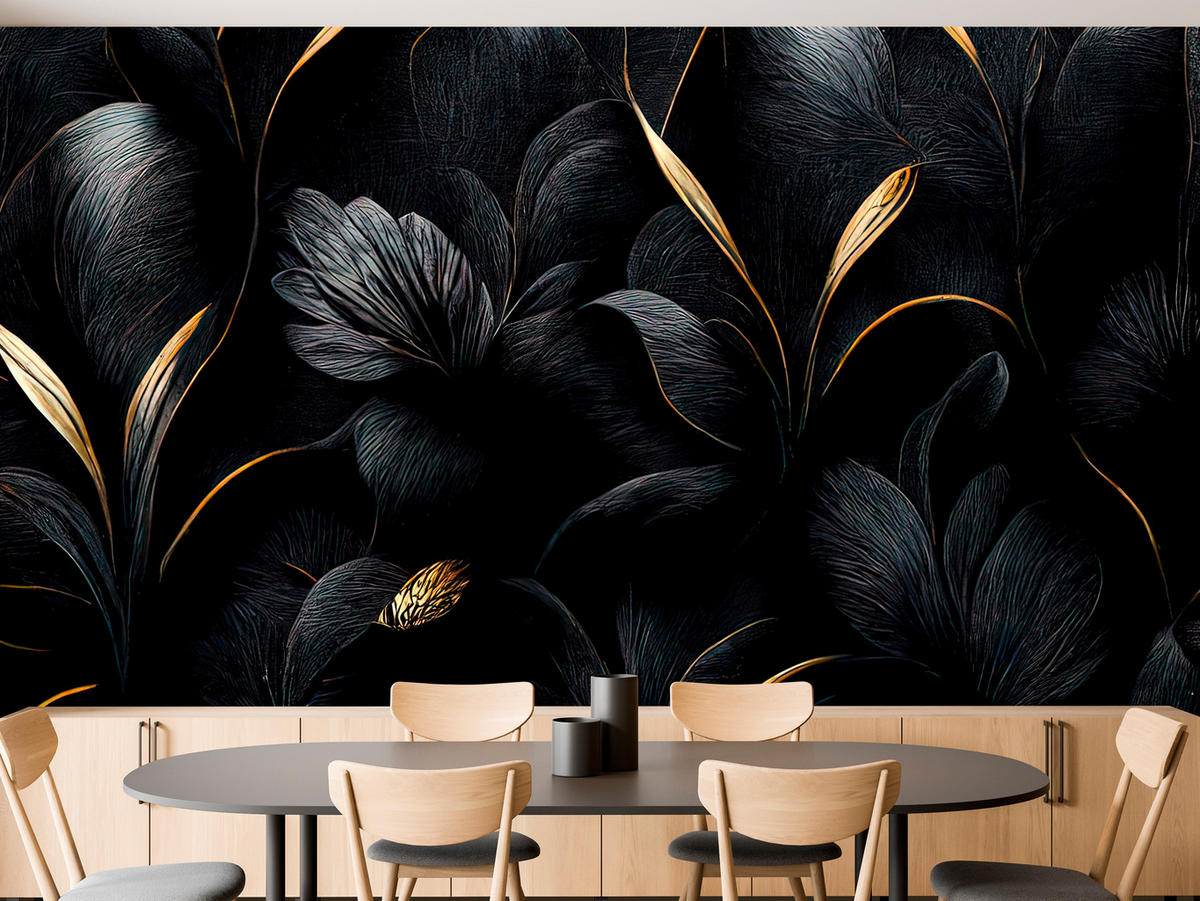 FOTOTAPETE für Wohnzimmer Schwarze Blätter Gold Luxus 400x280 - Goldfarben/Schwarz, Papier (400/280cm) - Muralo