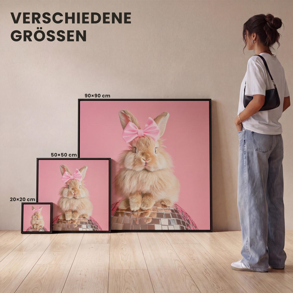 LEINWAND Bilder mit Rahmen - Schleife - Discoball - Kaninchen - 50x50 - Pink, Textil (50/50cm) - MuchoWow