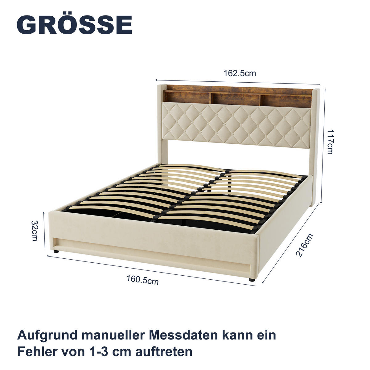 POLSTERBETT 160x200cm mit LED-Beleuchtung,Doppelbett mit Bettkasten,Beige - Beige, Holzwerkstoff/Textil (160/200cm) - EVRYAE