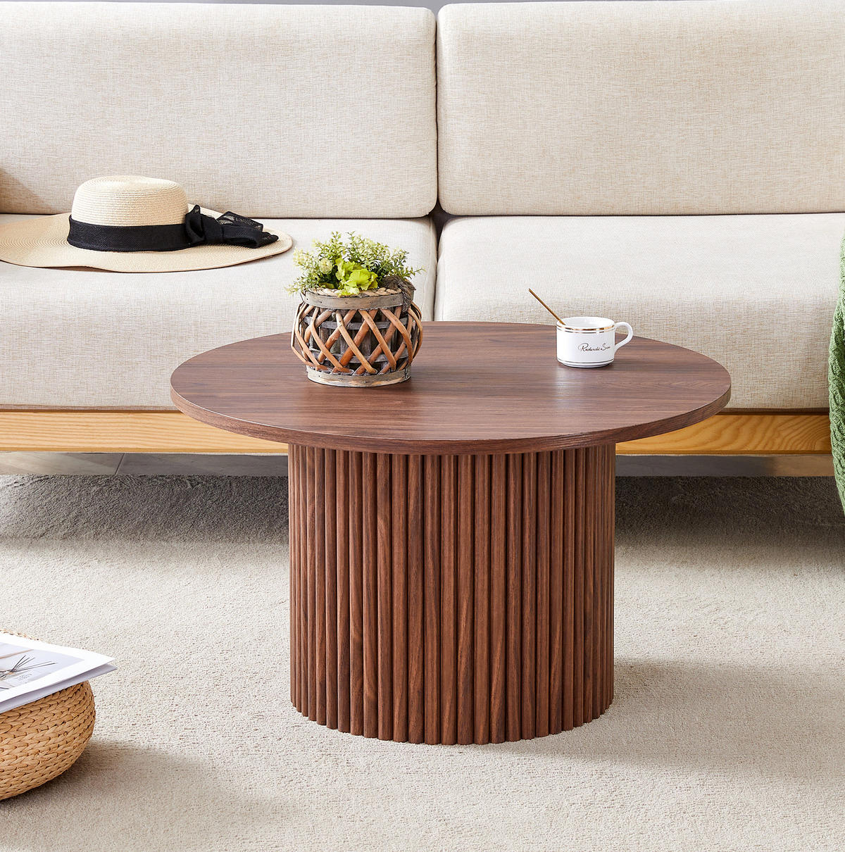 COUCHTISCH 70/70/42 cm mit runder Tischplatte, kanneliertem Sockel und Metallrahmen aus MDF, Walnussfarben - Walnussfarben, Holzwerkstoff (70/70/42cm) - Redom