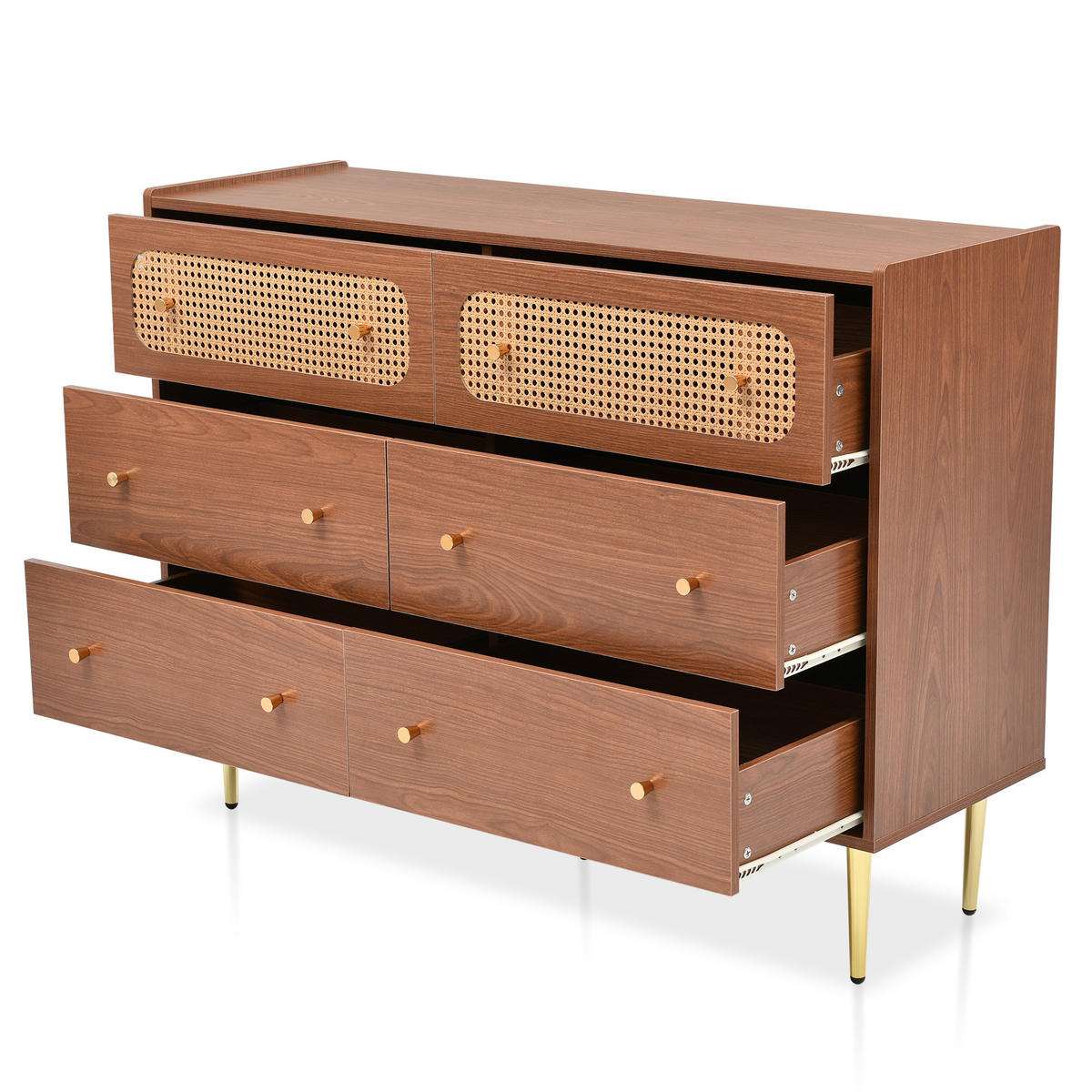 SIDEBOARD mit 6 Schubladen und Rattan-Elementen - Braun, Holzwerkstoff/Metall (120/90/40cm) - Urban Meuble