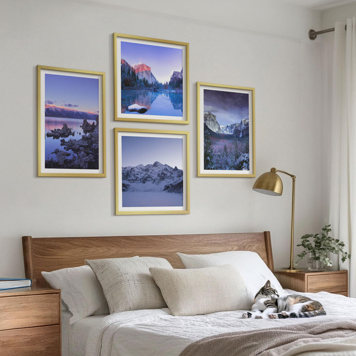BILDER SET 4er Set - 50x50 cm & 40x60 cm Goldrahmen - Berglandschaften, Sonnenuntergang, Wasser - Goldfarben, Kunststoff (50/50cm) - TULUP
