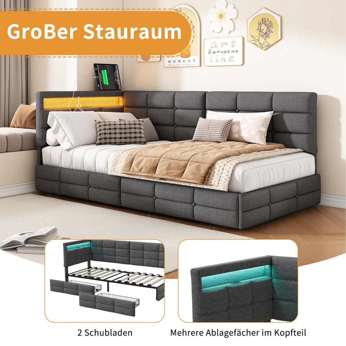 POLSTERBETT 90x200 cm - L-Form - mit LED, USB & 2 Schubladen Leinen Grau - Grau, Textil (90/200cm) - DELFA