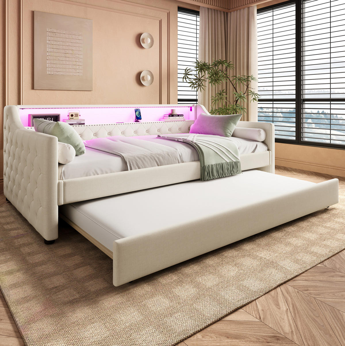 POLSTERBETT 90/200 cm in Beige mit LED-Beleuchtung und USB-Anschlüssen - Beige, Textil (90/200cm) - Flora Grace
