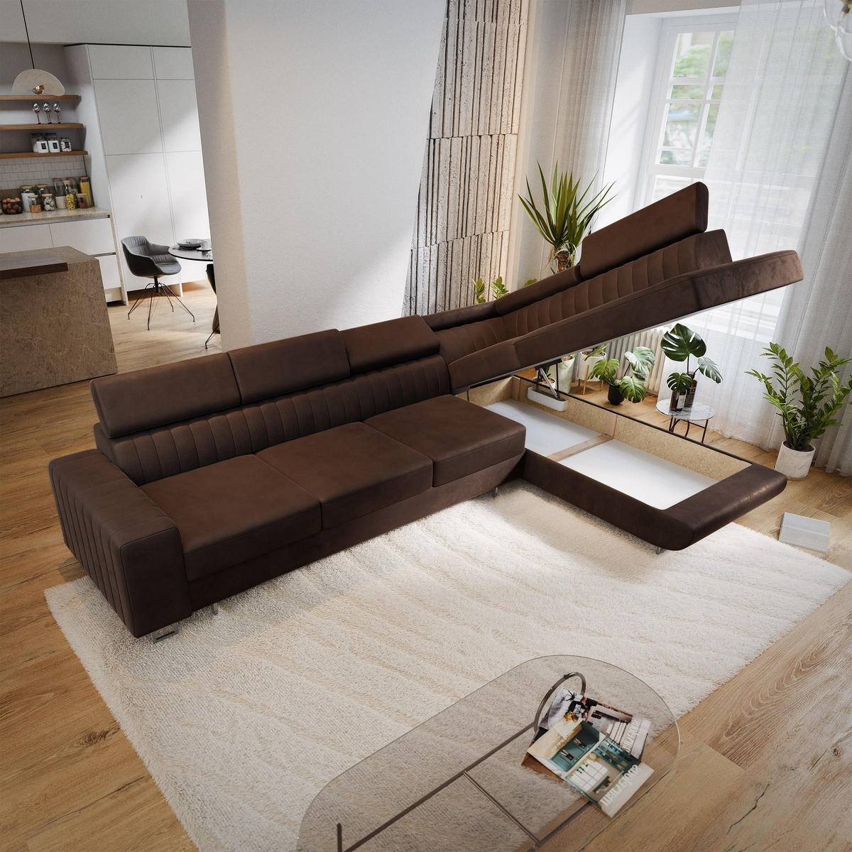 ECKSOFA HESTION Braun Velours-Stoff mit Schlaffunktion - Braun, Holz (332/190cm) - MASSENO