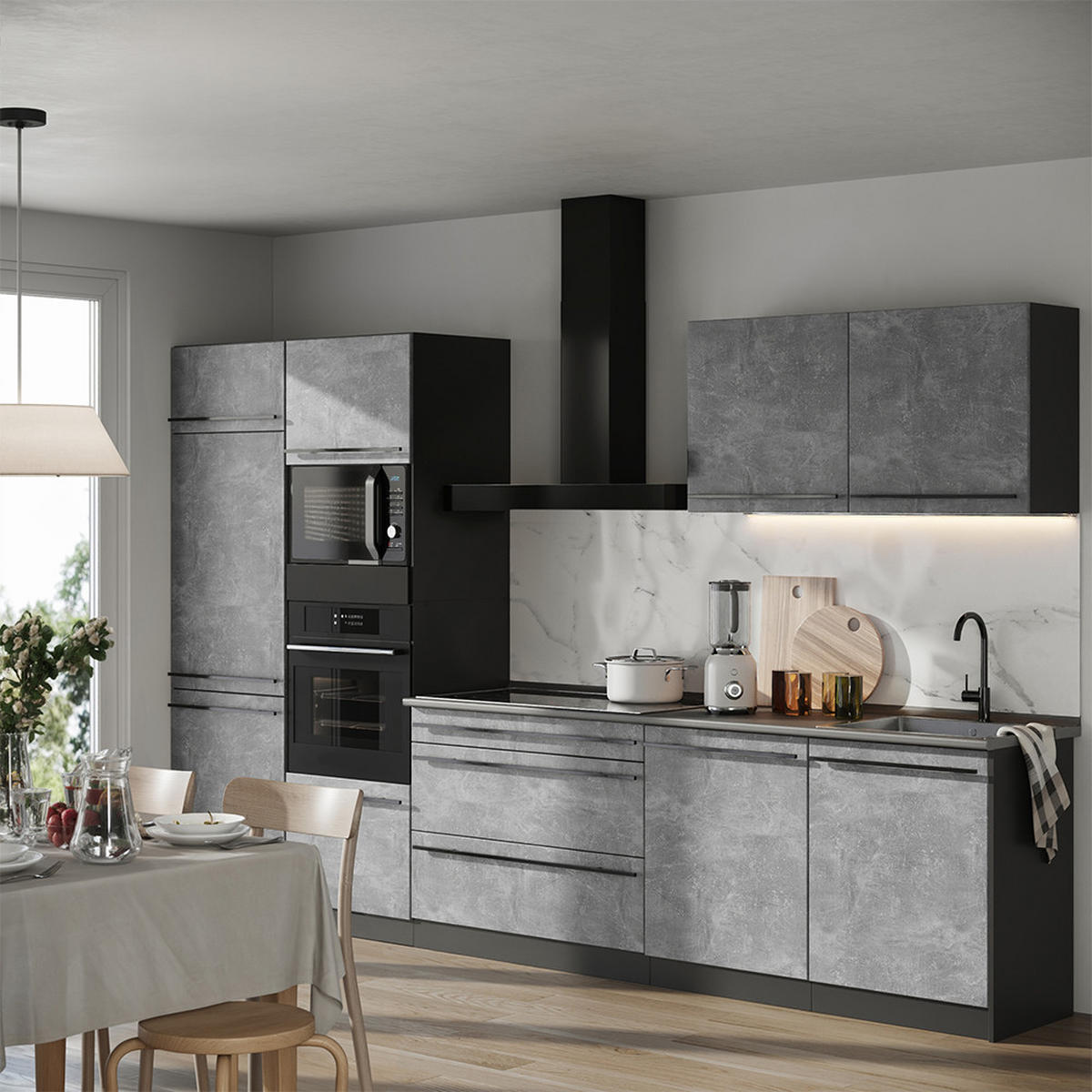 KUCHYŇSKÝ KOUT R-Line, Beton/Antracit, 340 cm pracovná doska antracitová - šedá/antracitová, kompozitní dřevo (340/206.8/60cm) - Vicco