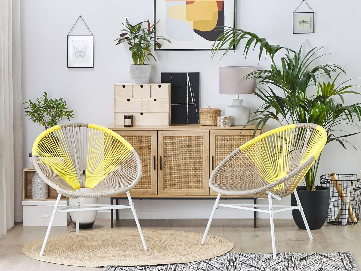 RATTANSTUHL 2er-SET Kunststoff beige/gelb 76 cm Acapulco - Beige/Gelb, Kunststoff (76/85/76cm) - Beliani
