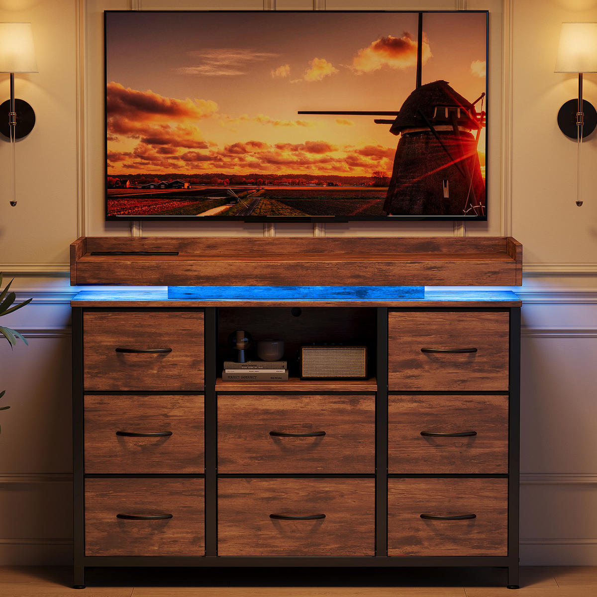 KOMMODE 8 Schubladen Holzoptik, RGB-LED, USB, Kippschutz - Multicolor, Holz (30/82/108cm) - SHOPENTRA