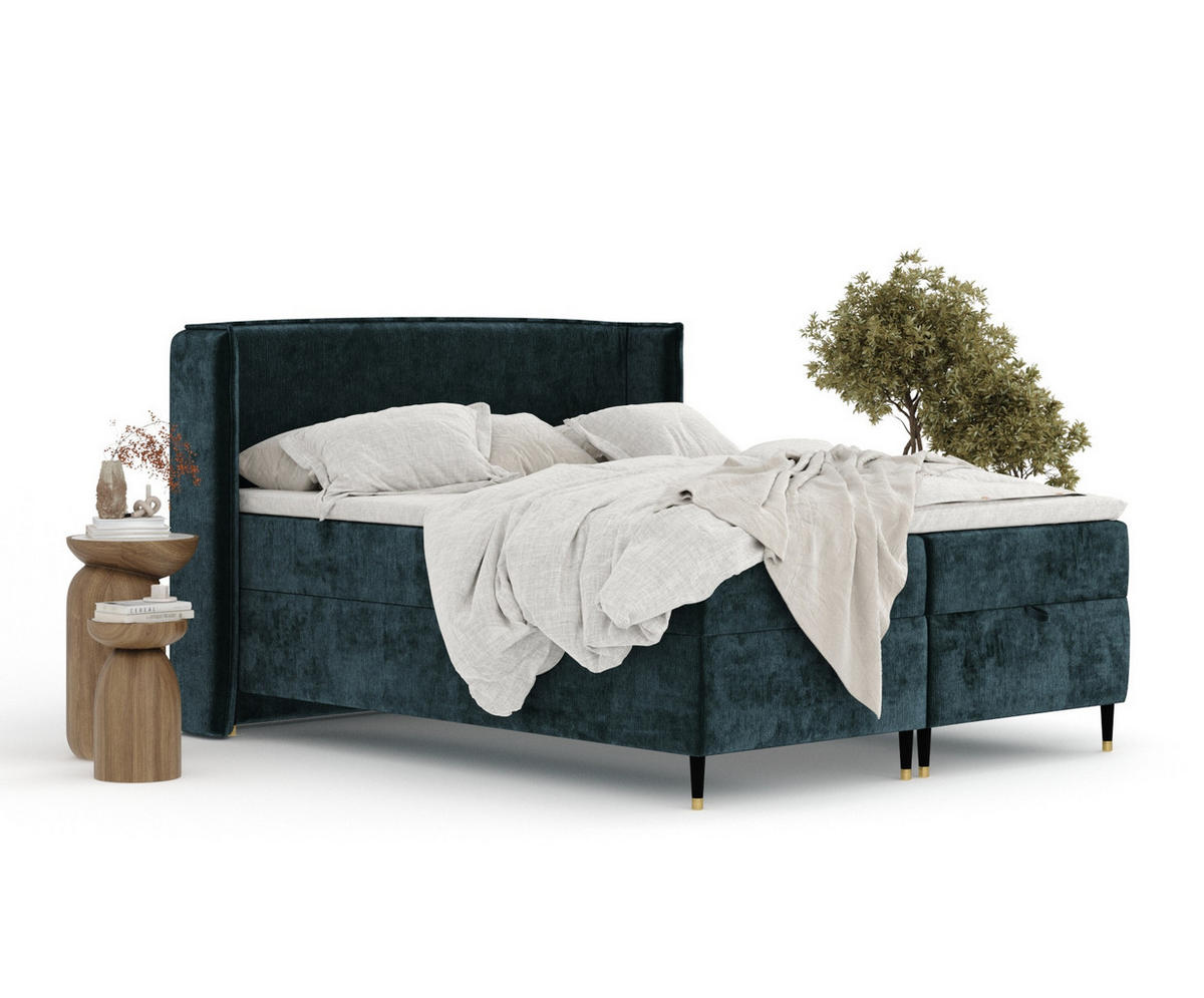 BOXBETT Monpelli Türkisfarben 160/200 cm mit Matratze und Topper - Türkis/Schwarz, Holz/Holzwerkstoff (160/200cm) - Maison de Reve