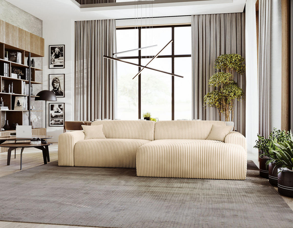 ECKSOFA mit Longchair - Cord - Beige/Schwarz, Kunststoff/Textil (284/178cm) - home24