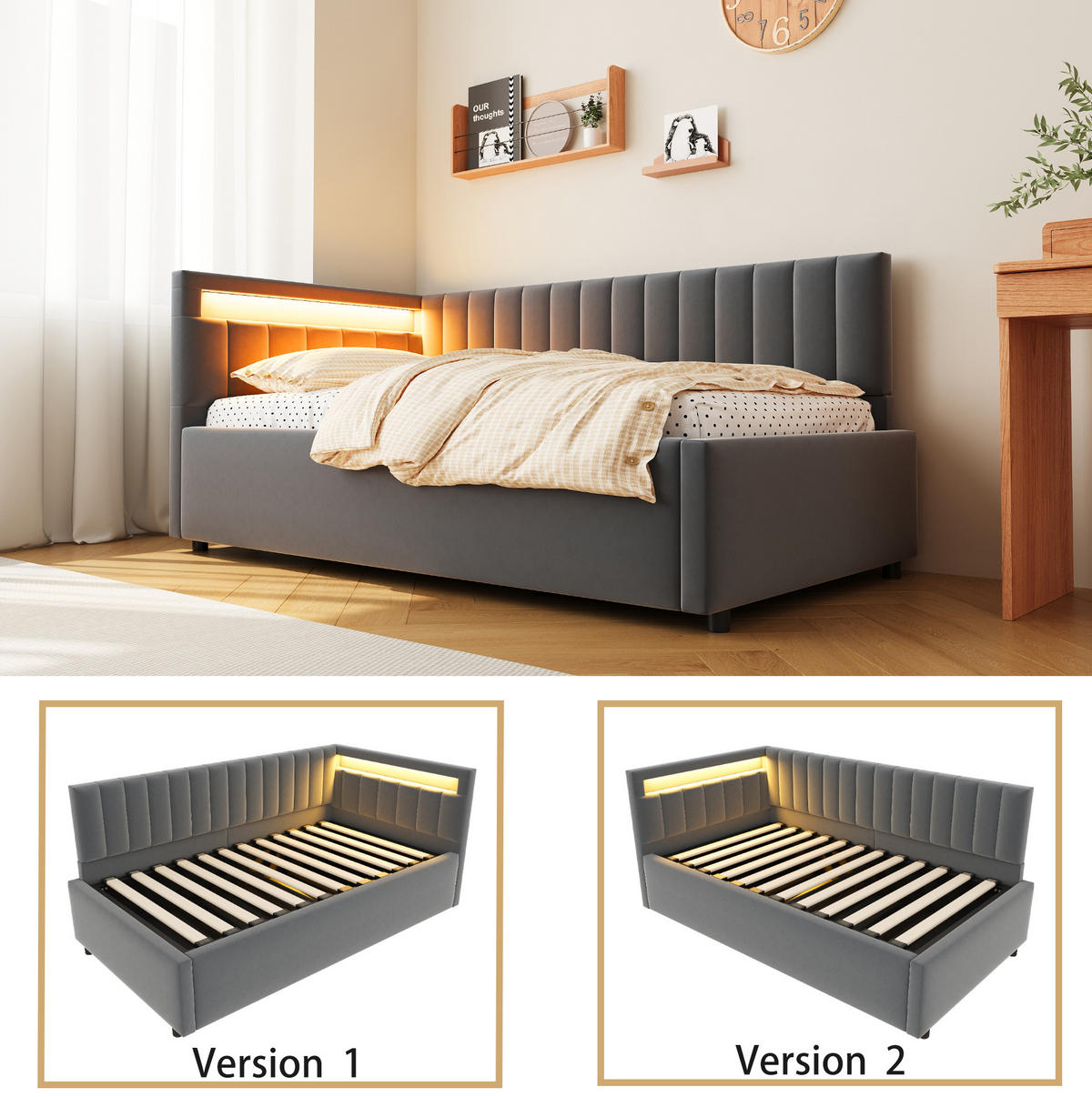 POLSTERBETT Schlafsofa 90/200 cm Grau aus Samt mit LED und Stauraum - Grau, Textil (90/200cm) - OKMYHOME