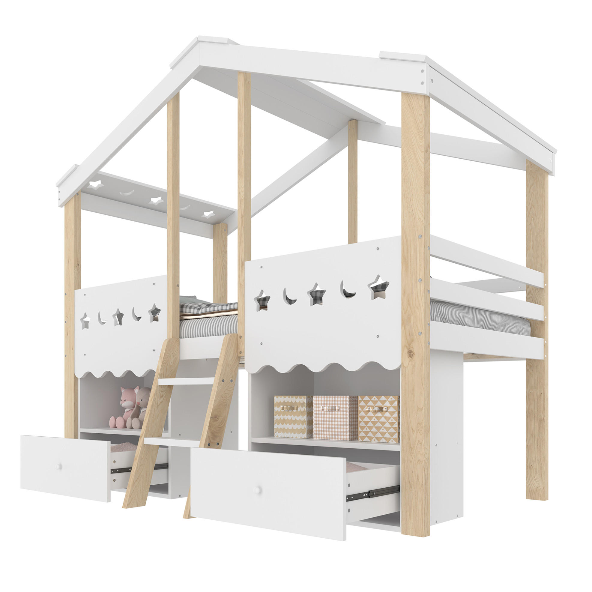 HOCHBETT 90/200 cm Hausform mit 2 Schubladen und LED-Beleuchtung in Weiß + Natur mit Matratze - Weiß, Holzwerkstoff (90/200cm) - OKWISH