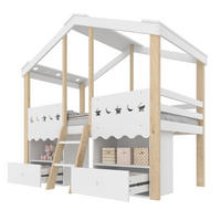 HOCHBETT 90/200 cm Hausform mit 2 Schubladen und LED-Beleuchtung in Weiß + Natur mit Matratze - Weiß, Holzwerkstoff (90/200cm) - OKWISH