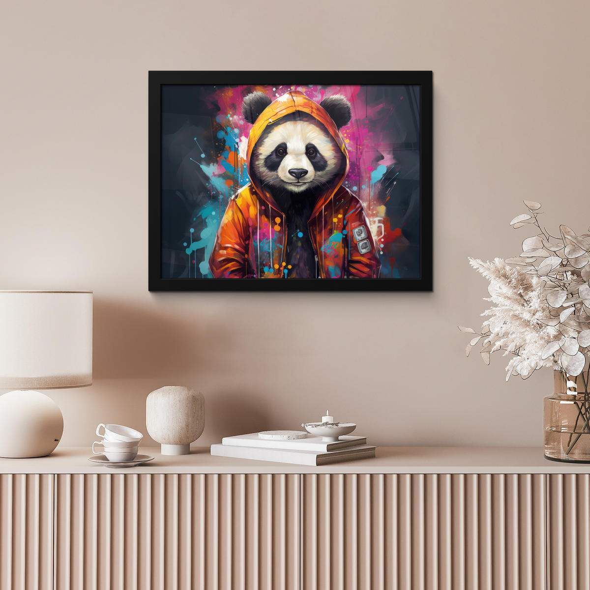 POSTER MIT RAHMENGERAHMTES BILD Panda - Jacke - Graffiti - Orange 40x30 cm - Orange, Papier (40/30cm) - MuchoWow