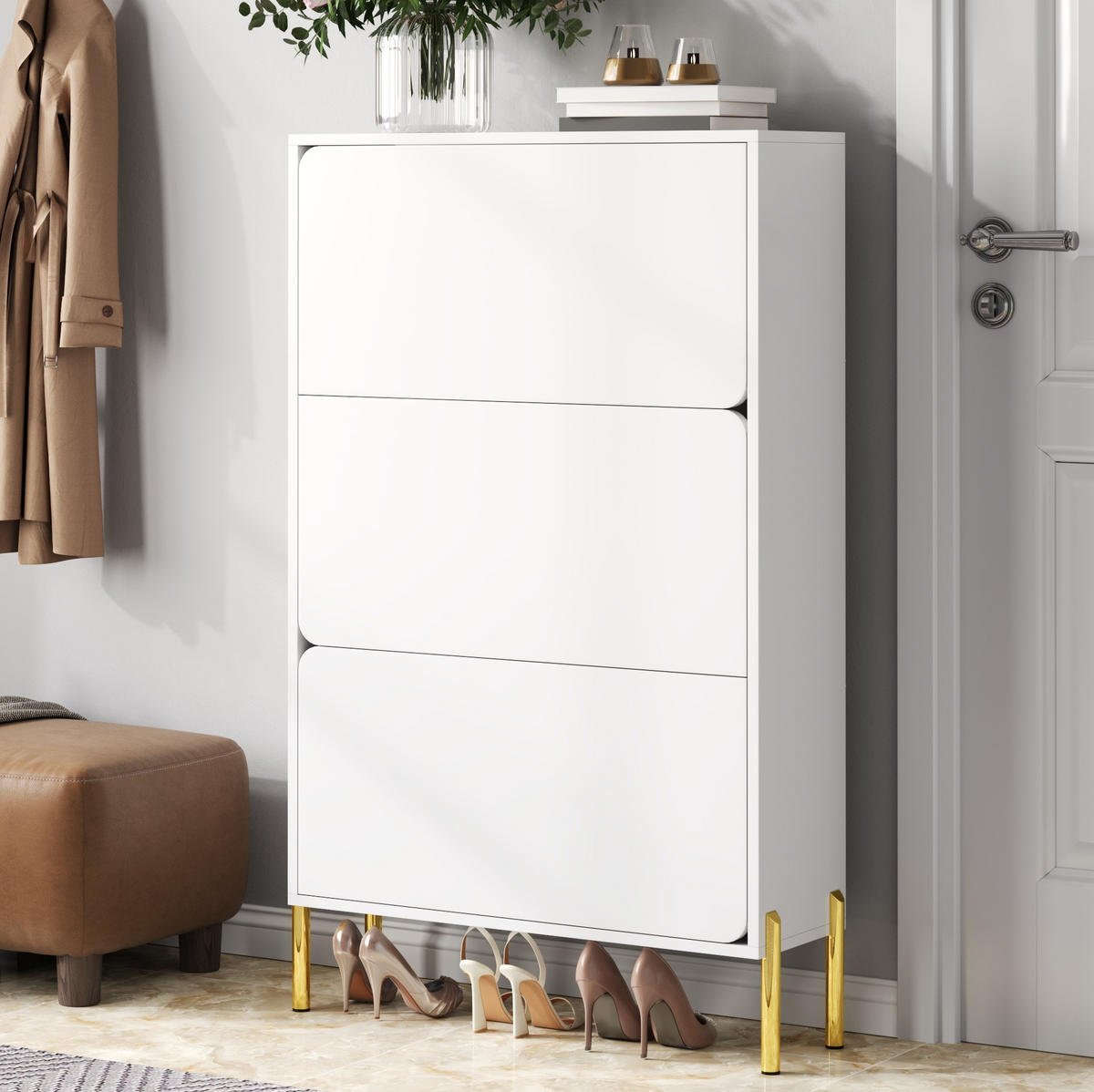 SCHUHSCHRANK 73/24/120 cm in Weiß mit 3 Türen und goldfarbenen Beinen - Weiß, Holzwerkstoff (73/120/24cm) - Flora Grace