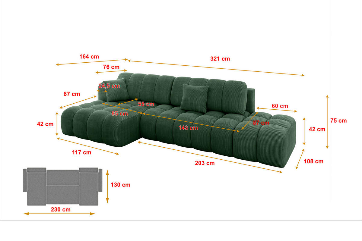 ECKSOFA mit Schlaffunktion Ottomane Links OLEA-L2 321x164x75 Grün Cord - Salbeigrün/Schwarz, Holzwerkstoff/Kunststoff (321/164cm) - ALTDECOR