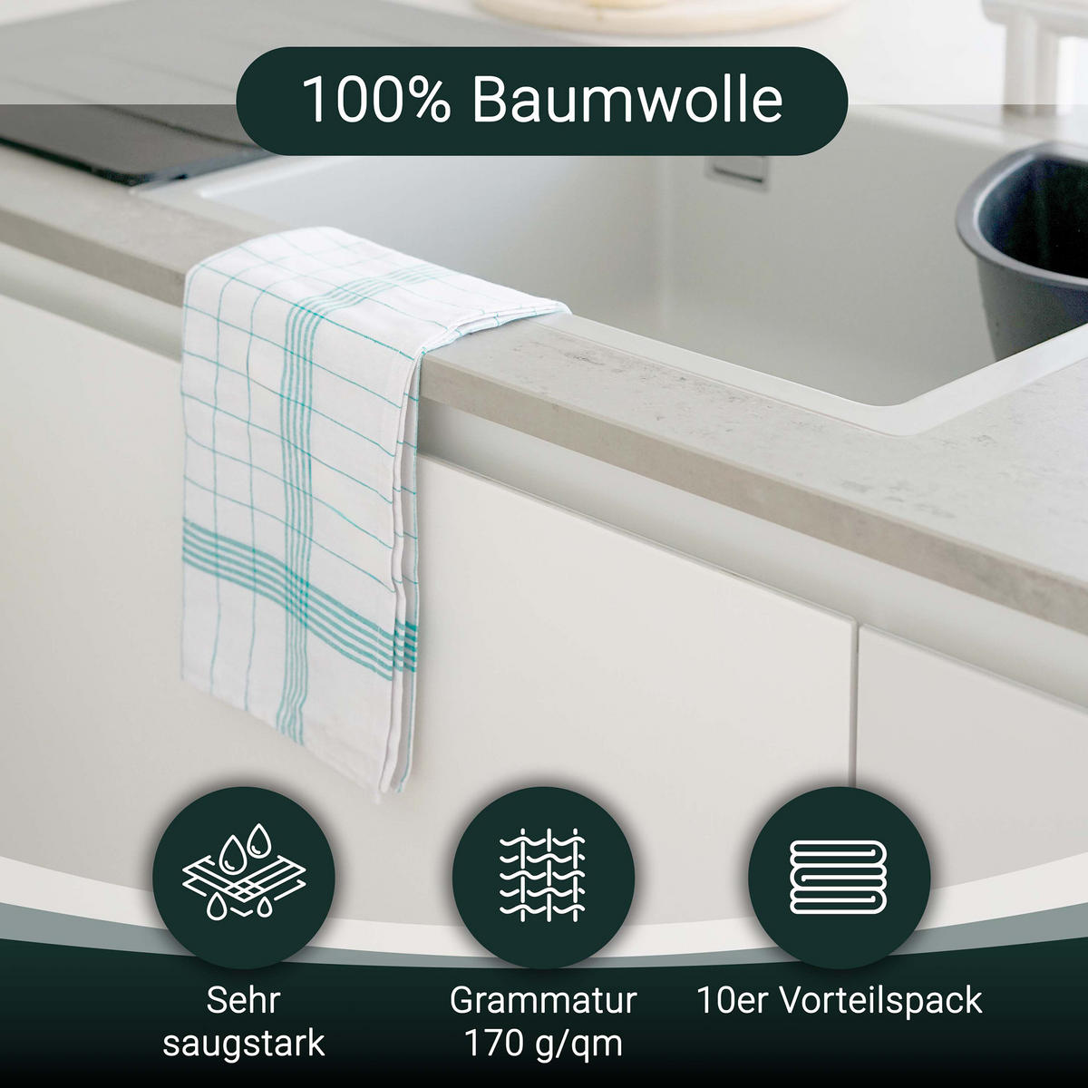 GESCHIRRTÜCHER, 5er-Set, 50x70 cm, 100% Baumwolle, Grün - Türkis, Textil (50/70cm) - Zollner
