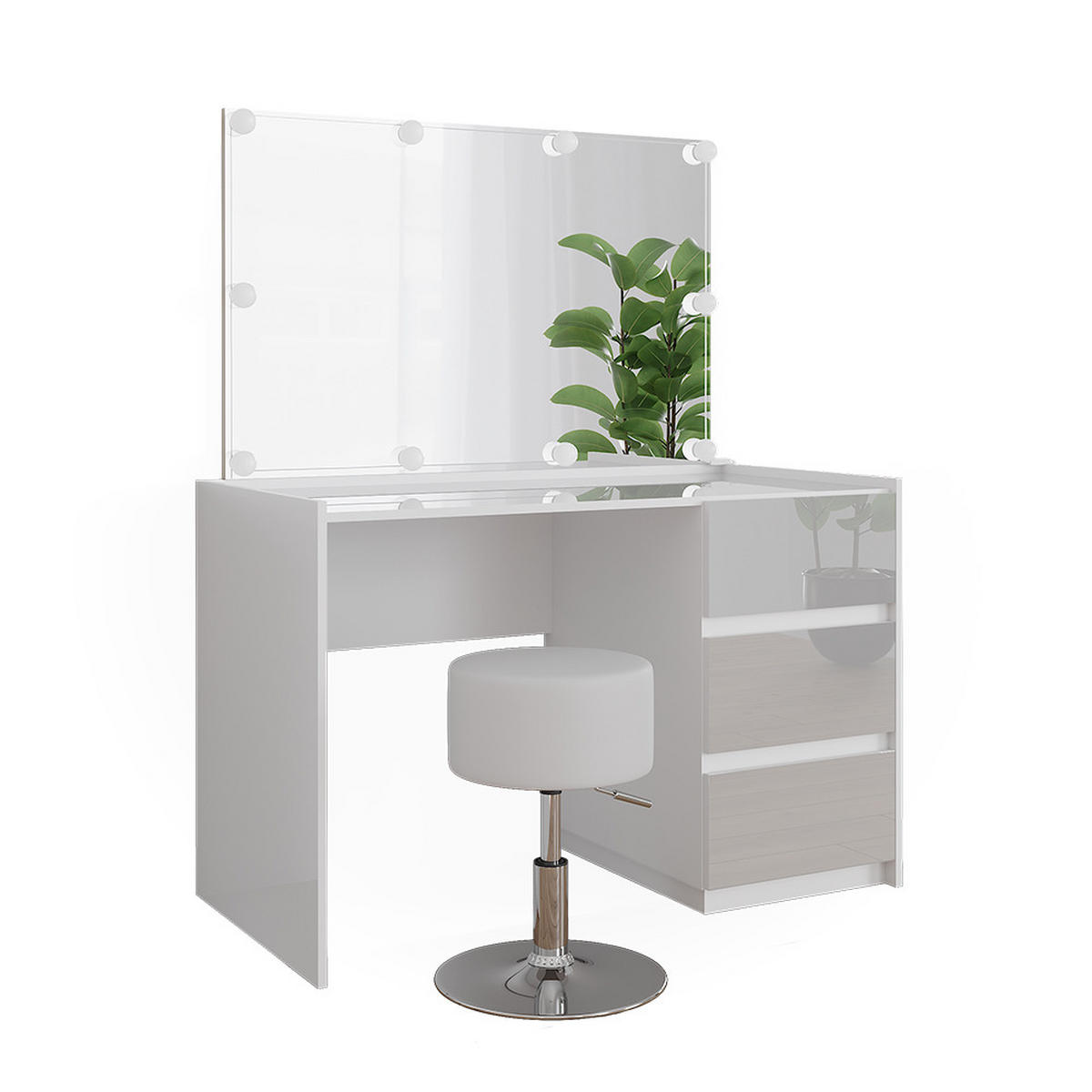 SCHMINKTISCH Marla Weiß Hochglanz 120 cm mit Spiegel, Hocker, LED-Lichterkette - Weiß Hochglanz, Holzwerkstoff (120/78.6/60cm) - Vicco