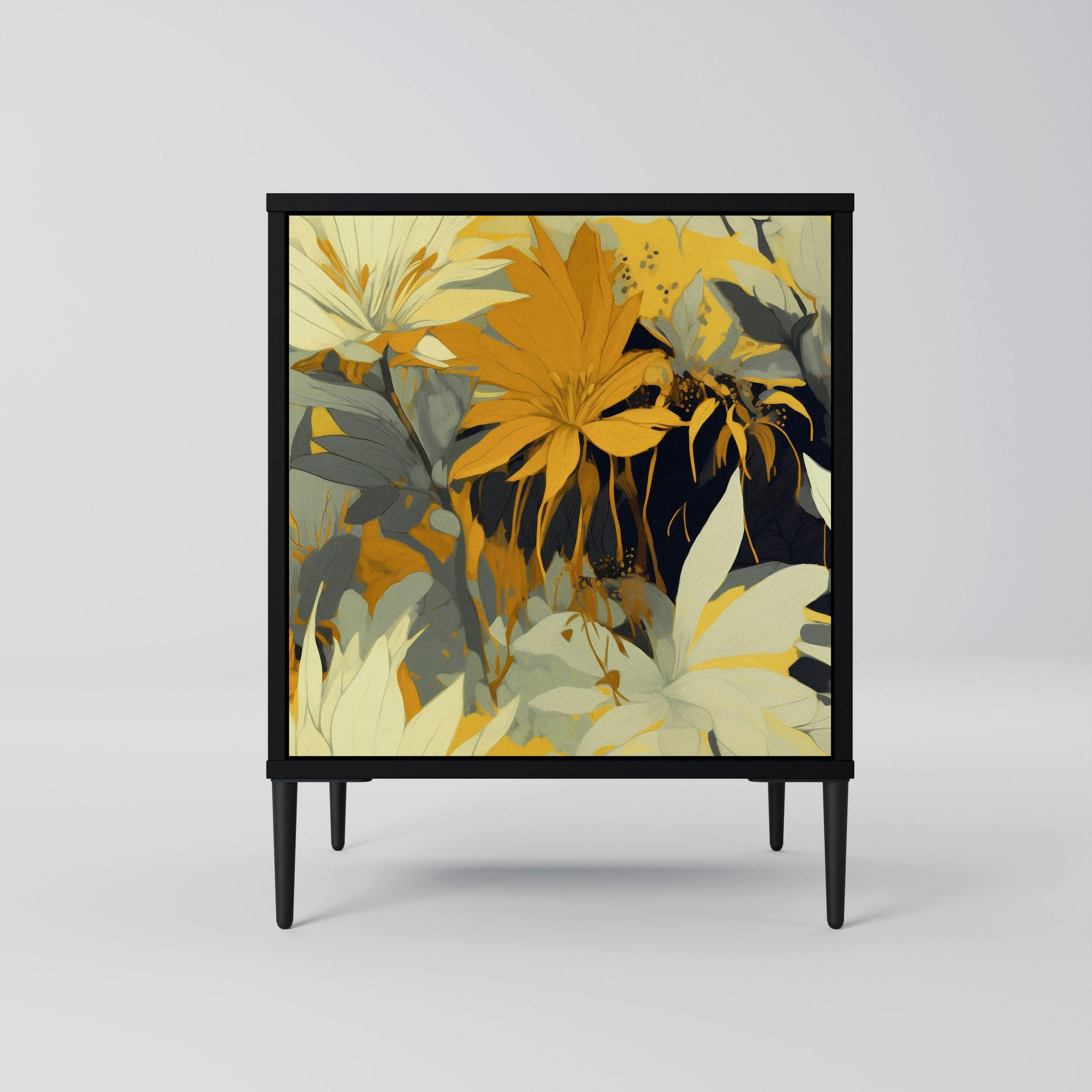 SIDEBOARD SUNKISSED LILY, Schwarz, 57,5x42x72,5 cm, Schwarze Metallfüße - Multicolor/Schwarz, Holzwerkstoff/Metall (57.5/72.5/42cm) - SpaceRebels