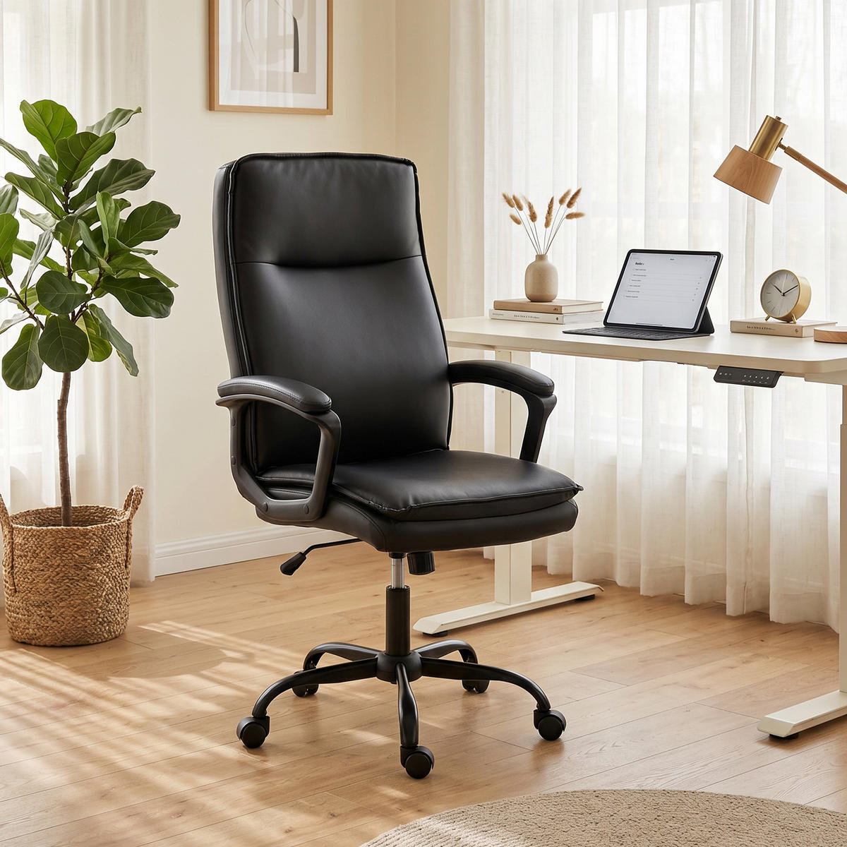 BÜROSTUHL Schwarz, Höhenverstellbar, Drehbar 360°, 85/55/55 cm - Schwarz, Metall (70/119/66cm) - PANGIVO