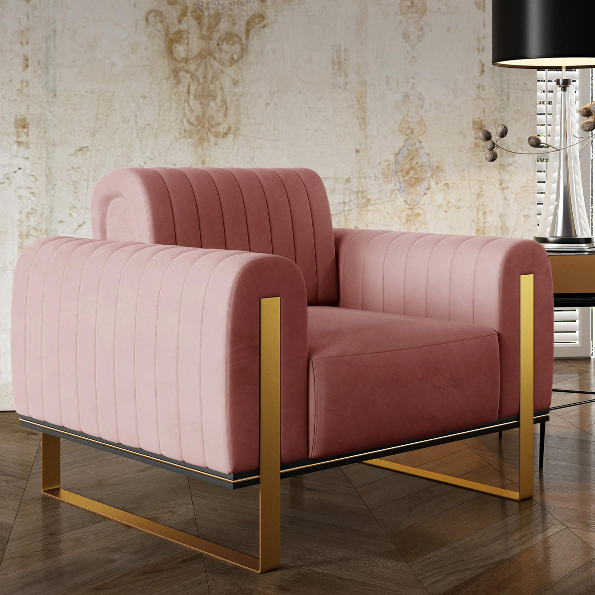 SESSEL Parissa 106 cm - Pink/Goldfarben, Holz/Metall (106/79/92cm) - Selsey