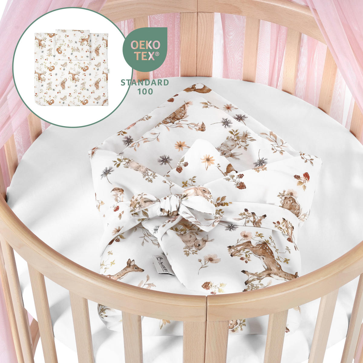 BABYBETT NATUR OVAL 7in1 mit Matratze und Himmelset - Naturfarben/Rosa, Holz/Textil