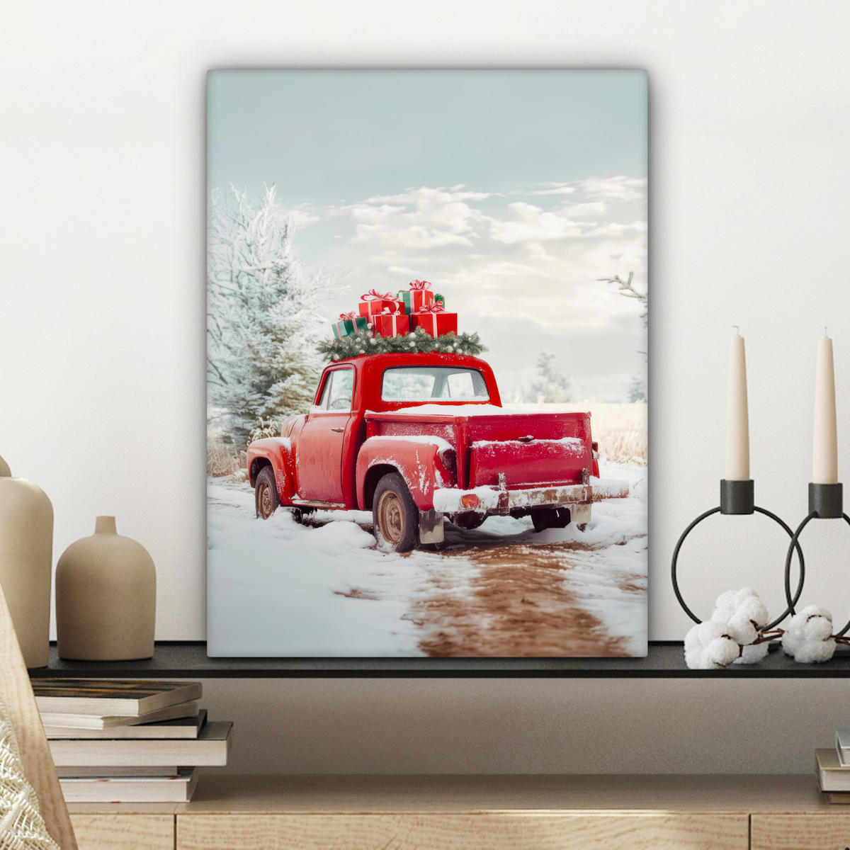 LEINWANDBILD Auto - Rot - Geschenke - Winter - Schnee - Weihnachten 30x40 cm - Rot, Textil (30/40cm) - MuchoWow