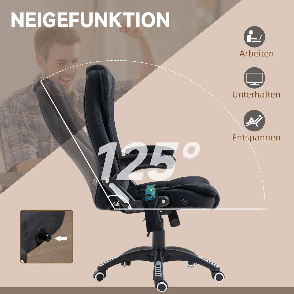 MASSAGE-BÜROSTUHL mit Wippfunktion, Schreibtischstuhl mit Heizfunktion, Schwarz - Schwarz, Kunststoff/Textil (74/116/67cm) - Vinsetto