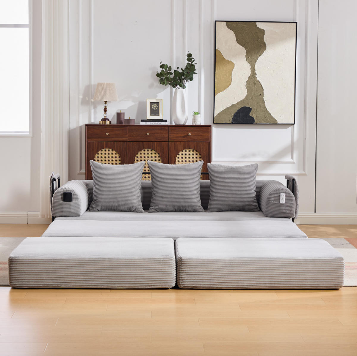 SOFA modular mit Hocker 200 x 190 cm Cord Hellgrau - Hellgrau, Kunststoff (190/200cm) - Meubliv