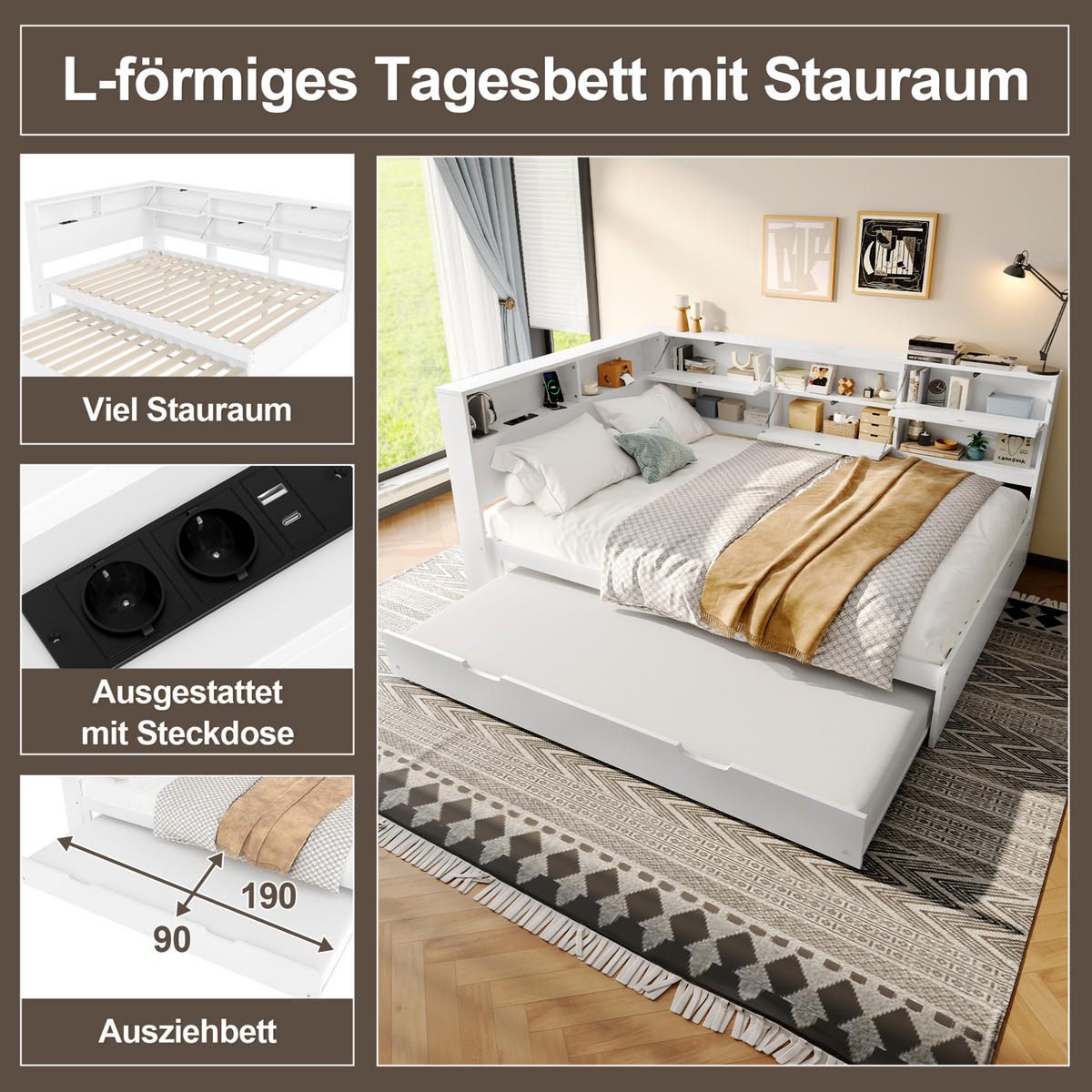 TAGESBETT 140/200 cm mit Ausziehbett, Stauraum-Kopfteil und USB-/USB-C-Anschluss, Weiß - Weiß, Holzwerkstoff (140/200cm) - Redom