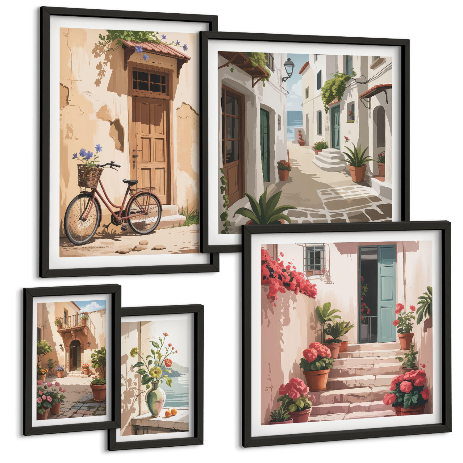 BILDER SET 5er Set - 50x50 cm & 20x30 cm & 40x60 cm Schwarzer Rahmen - Charmante Küstenstraßen - Schwarz, Kunststoff (40/60cm) - TULUP