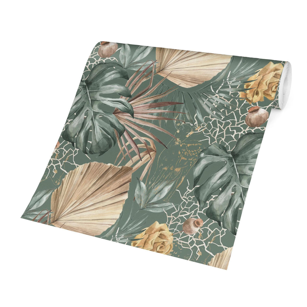 FOTOTAPETE Große Blätter mit Rosen vor Grün 288/288 cm - Grün, Papier (288/288cm) - Bilderwelten