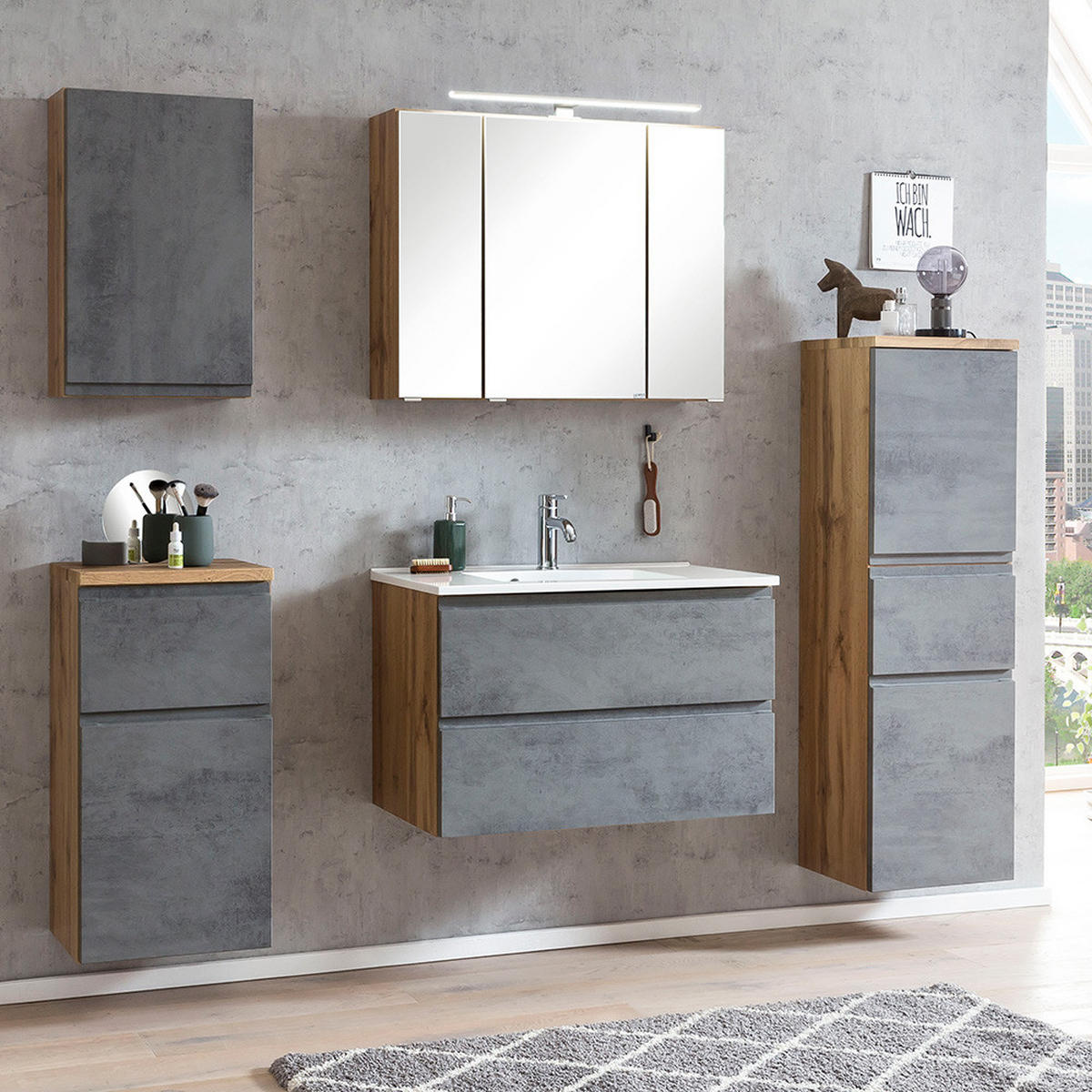 BADMÖBEL-SET 5-TLG. Vasto-03 - Grau, Holzwerkstoff (190/200/47cm) - Lomado