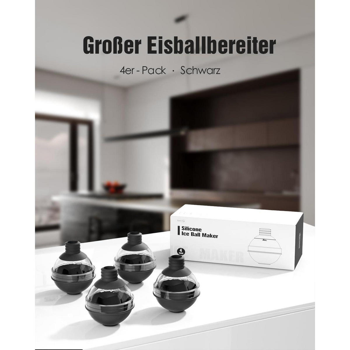 EISWÜRFELFORM 4er Set 6 cm Kugel mit Trichterdeckel Schwarz - Schwarz, Kunststoff (7/8.5/7cm)