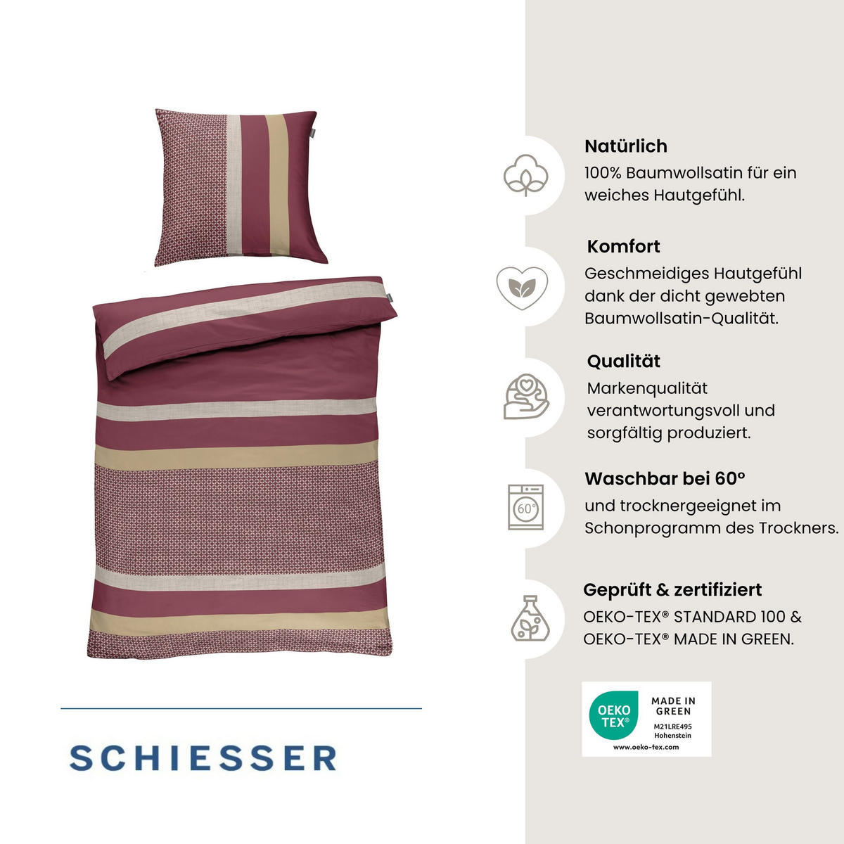 BETTWÄSCHESET Dion - Baumwollsatin - 2-teilig - 135x200 cm - Bordeaux - Bordeaux, Textil (135/200cm) - SCHIESSER