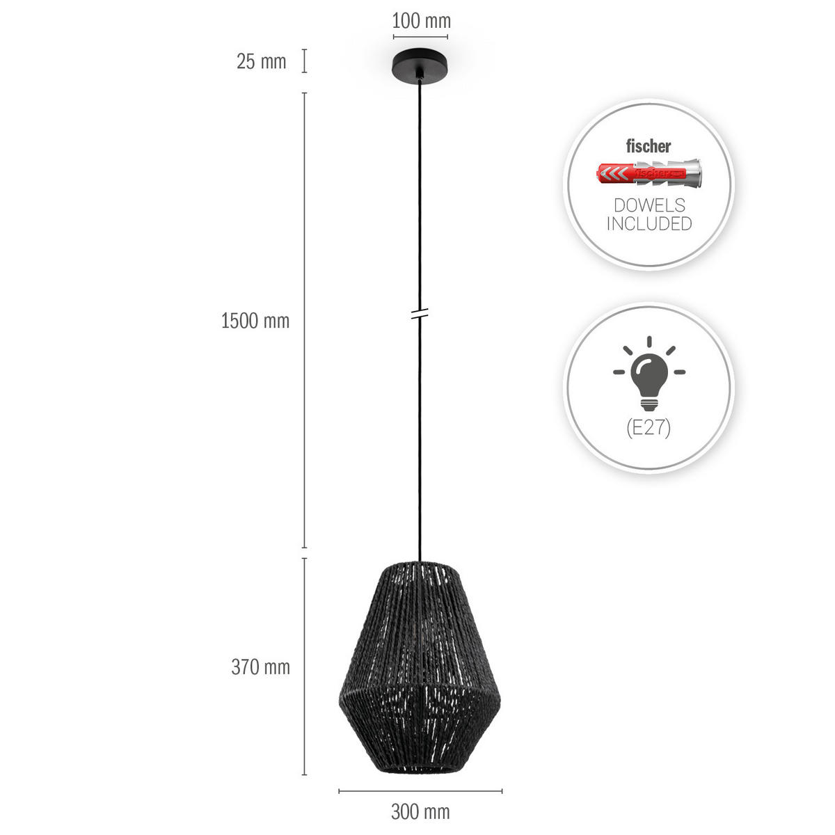 PENDELLEUCHTE Hugo Pd1 Pablo - Schwarz, Metall (30/30/37cm) - Paco Home