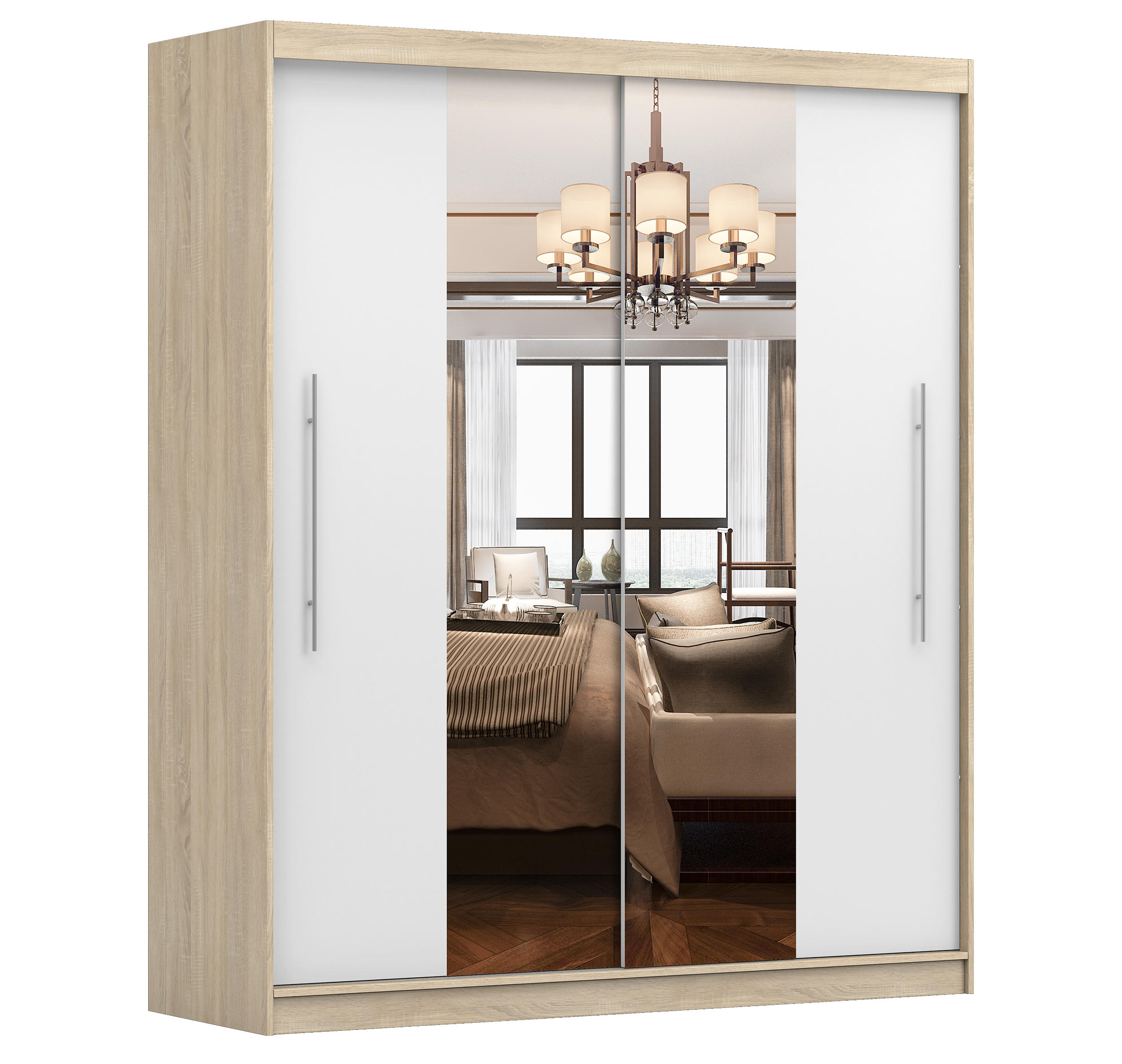 SCHIEBETÜRENSCHRANK - NICO 01 Sonoma + Weiß - Weiß/Sonoma Eiche, Holzwerkstoff/Metall (204/218/58cm) - Möblo