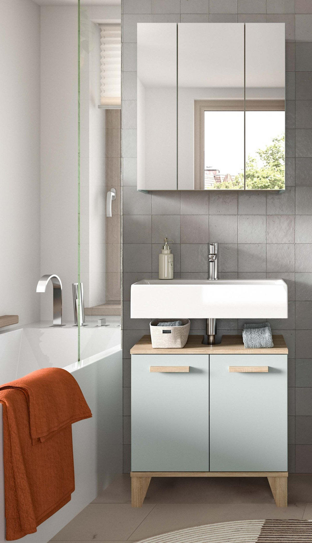 BADMÖBEL-SETGRÜN, Eiche 2-teilig 60 x 190 cm, Badkombination skandinavisches Design - Eichefarben/Grün, Glas/Holzwerkstoff (60/190/34cm) - Inn.Furn