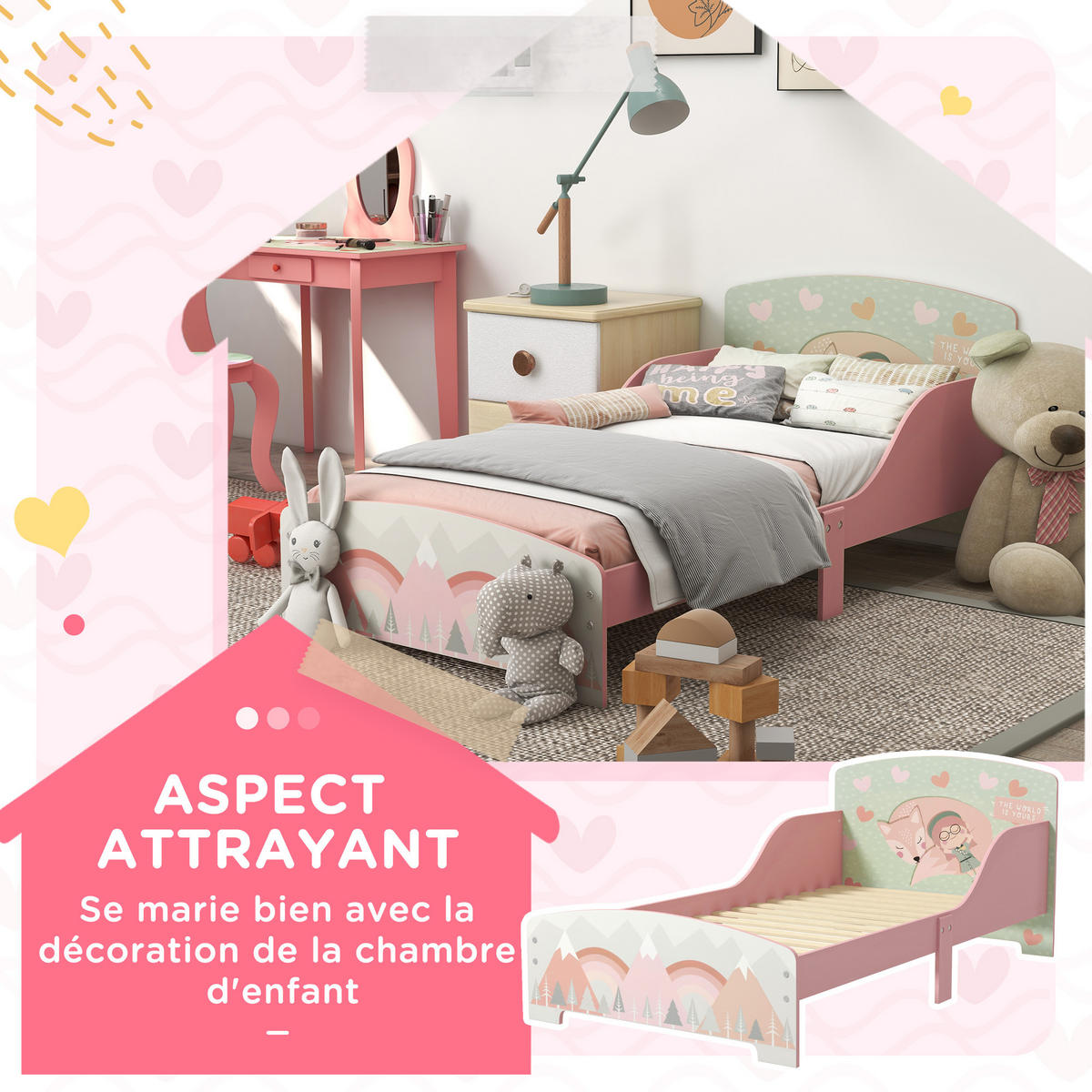 KINDERBETT 140x70 cm DE-14625 mit Sicherheitsbarrieren und Tiermotiv Rosa - Pink, Holzwerkstoff (70/140cm) - ComfortXL